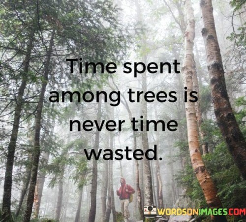 The statement promotes the restorative power of nature. "Time Spent Among Trees" implies a retreat from daily life. "Is Never Time Wasted" underscores the holistic benefits of spending time outdoors.

In essence, the statement captures the essence of nature's healing influence. "Time Spent Among Trees Is Never Time Wasted" encourages individuals to embrace the therapeutic qualities of nature, recognizing that these moments contribute to mental, emotional, and physical well-being.