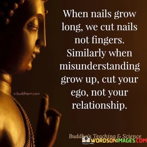 This insightful quote uses a powerful analogy to convey a valuable lesson about handling misunderstandings in relationships. "When nails grow long, we cut nails not fingers" emphasizes the importance of addressing specific issues rather than resorting to drastic measures that can cause harm.

"Similarly, when misunderstandings grow up, cut your ego, not your relationship" suggests that in times of conflict, it is essential to prioritize humility and self-reflection over stubbornness and pride.

The quote serves as a reminder of the significance of communication and empathy in maintaining healthy relationships. In essence, it encourages us to approach conflicts with a willingness to listen, understand, and let go of our ego-driven reactions. By cutting our ego and focusing on resolution rather than escalation, we can foster understanding, trust, and closeness in our relationships. This quote inspires us to prioritize the well-being of our relationships over our individual pride, acknowledging that misunderstandings are a natural part of human interaction. It urges us to adopt a mindset of openness and willingness to address conflicts with maturity and compassion, creating a foundation for stronger and more harmonious connections with others. By choosing to cut our ego instead of damaging our relationships, we demonstrate our commitment to mutual respect and understanding, fostering an environment where misunderstandings can be resolved and relationships can thrive.