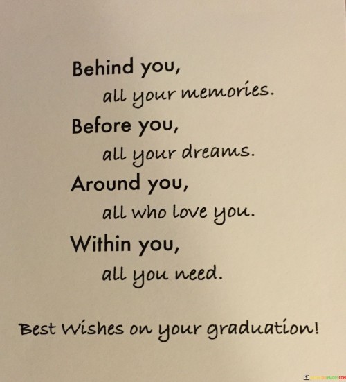 The quote portrays a multi-faceted perspective on life's elements. In the first paragraph, it reflects on the past, suggesting that memories shape who we are. These experiences, whether joyful or challenging, contribute to our identity and influence our present actions.

The second paragraph centers on the future, highlighting the importance of dreams and aspirations. It implies that our hopes propel us forward, providing direction and motivation. These dreams serve as a roadmap for our endeavors and remind us to strive for growth.

The third paragraph delves into the present and relationships. It emphasizes the significance of love and support from those around us, acknowledging their role in our lives. Additionally, it underscores self-reliance, stating that within ourselves lies the capability to fulfill our needs and shape our journey.