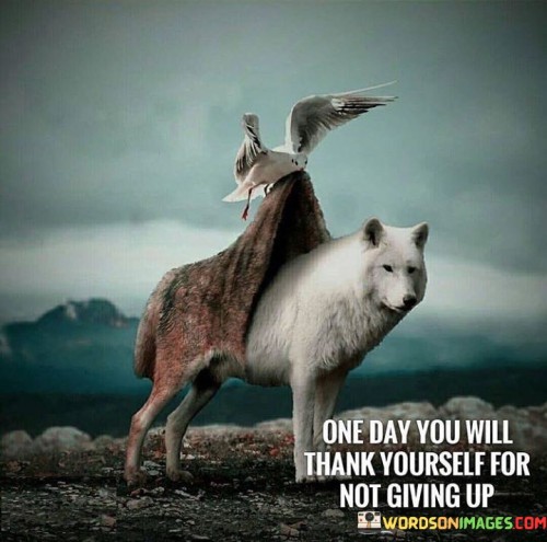 The quote conveys the idea of persevering through challenges for future gratitude. It suggests that resisting the urge to quit will lead to personal success and eventual appreciation. In the first paragraph, the quote introduces the concept of enduring difficulties with a forward-looking perspective.

The second paragraph delves deeper into the quote's message. It implies that the decision to persist, despite hardships, is an investment in one's own achievements. The phrase "thank yourself" alludes to the sense of pride and satisfaction that comes from overcoming obstacles.

In the third paragraph, the quote encapsulates its core message. It emphasizes the intrinsic connection between persistence and eventual success. The quote serves as a reminder that the difficulties faced along the way can contribute to a stronger sense of accomplishment in the future. By not giving up, individuals set the stage for a rewarding journey towards personal triumph.