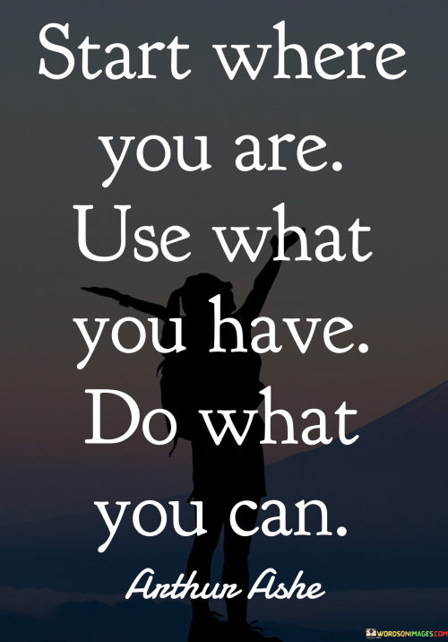 The quote encourages taking action regardless of circumstances, utilizing available resources, and making the most of one's capabilities. It suggests that starting with what is at hand and doing what is feasible can lead to progress. In the first paragraph, the quote introduces the concept of beginning from one's current position.

The second paragraph delves deeper into the quote's meaning. It emphasizes resourcefulness and adaptability as keys to making a meaningful impact. By using existing tools and skills, individuals can initiate positive change and work towards their goals.

In the third paragraph, the quote encapsulates its core message. It serves as a motivational reminder to overcome any perceived limitations and take steps towards desired outcomes. The quote encourages a proactive mindset that focuses on what can be accomplished in the present moment. By embracing this approach, individuals can turn aspirations into achievements, regardless of their starting point.