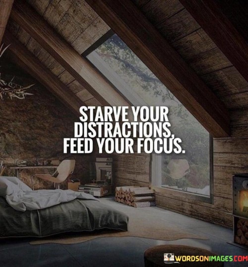 The quote conveys the idea of prioritizing concentration by minimizing distractions. It suggests that by neglecting distractions and nurturing focused attention, individuals can enhance their productivity. In the first paragraph, the quote introduces the concept of starving distractions.

The second paragraph delves deeper into the quote's meaning. It underscores the importance of dedicating time and energy to what truly matters. The phrase "feed your focus" implies that by investing in focused efforts, individuals can achieve meaningful results.

In the third paragraph, the quote encapsulates its core message. It serves as a practical reminder to deliberately manage attention and minimize activities that hinder progress. By maintaining a disciplined approach and nurturing sustained concentration, individuals can optimize their effectiveness and attain their goals. The quote encourages a mindful approach to productivity and success.