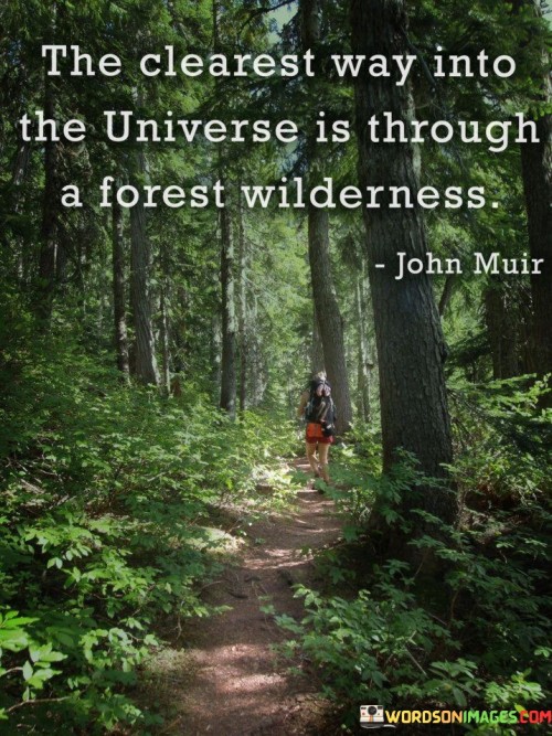 This quote evokes a sense of exploration and connection. "The Clearest Way" implies a direct path. "Into The Universe" symbolizes broader understanding. "Through A Forest Wilderness" suggests nature as a gateway, inspiring awe and offering insights into the grandeur of existence.

The quote highlights nature's profound influence. "The Clearest Way" underscores simplicity. "Into The Universe" conveys unity. "Through A Forest Wilderness" emphasizes the serene yet intricate environment, evoking introspection and encouraging contemplation of life's mysteries.

In essence, the quote encapsulates the idea that nature holds a gateway to profound insights. It invites us to explore the tranquil beauty of the wilderness as a means to connect with the universe's vastness, encouraging a deeper understanding of both our surroundings and our place in the cosmos.