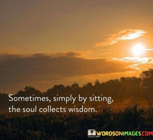 The quote "sometimes simply by sitting, the soul collects wisdom" alludes to the power of introspection and stillness. It suggests that through quiet contemplation and mindfulness, the soul can absorb valuable insights and understanding without actively seeking external sources of knowledge.

By taking the time to sit and reflect, individuals can tap into their inner wisdom and intuition, gaining deeper insights into their thoughts, emotions, and experiences. It emphasizes the importance of self-awareness and the value of finding solace within one's own mind.

The quote also highlights the notion that wisdom can be found in simplicity and silence. Amid the noise and distractions of the world, a moment of stillness can offer profound clarity and wisdom that might otherwise go unnoticed. It encourages individuals to slow down, be present, and listen to the whispers of their own souls for guidance and enlightenment.