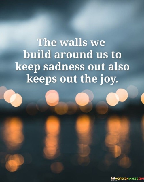 The quote illustrates the dual nature of emotional barriers. "Walls to keep sadness out" imply protection from pain. "Keeps out the joy" signifies inadvertent emotional isolation. The quote conveys that guarding against negative emotions can inadvertently hinder positive experiences.

The quote underscores the trade-off between emotional protection and openness. It highlights the unintended consequence of emotional detachment. "Keeps out the joy" reflects the unintended limitation of emotional walls, emphasizing the potential for missing out on positive emotions.

In essence, the quote speaks to the complexity of emotional defense mechanisms. It emphasizes the delicate balance between self-preservation and vulnerability. The quote captures the challenge of maintaining emotional openness while avoiding becoming overly guarded, underscoring the interplay between protection and the ability to experience joy.