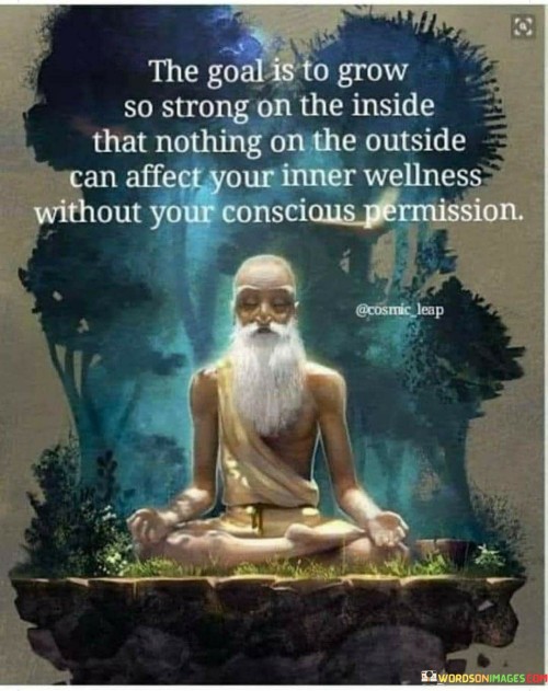 The objective is to cultivate inner strength to such a degree that external factors hold no sway over your inner well-being unless you consciously grant them permission.

"The Goal Is To Grow So Strong On The Inside" emphasizes the aspiration to develop resilience, emotional fortitude, and a robust sense of self. This strength arises from personal growth and self-awareness.

"Nothing on the outside can affect your inner wellness" highlights the desire for an unshakeable inner equilibrium. It suggests being impervious to external circumstances that might otherwise disrupt your emotional balance.