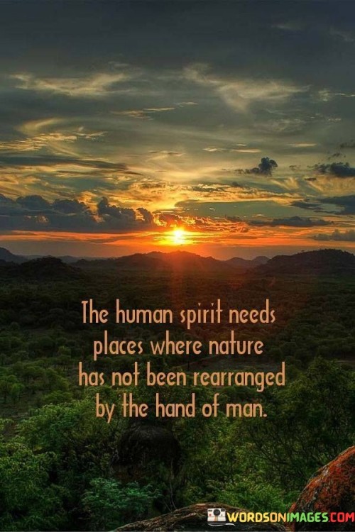 The human spirit craves environments untouched by human intervention, where nature remains unaltered by human hands.

"Places Where Nature Has Not Been Rearranged" underscores the value of preserving natural landscapes in their original state. It emphasizes the desire for spaces where nature's authenticity and inherent beauty are untouched by human manipulation.

"By the Hand of Man" highlights the idea of human influence and alteration. The quote suggests that true connection with nature can only be experienced when the landscape remains unmodified by human design.