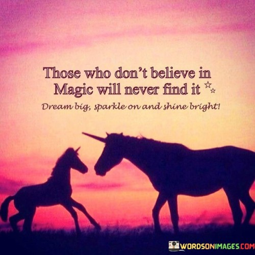 "Those Who Don't Believe In Magic Will Never Find It" highlights the idea that skepticism and disbelief hinder the experience of wonder and enchantment.

"Dream Big, Sparkle On, and Shine Brighter" encourages pursuing grand aspirations, embracing individuality, and radiating with increased brilliance.

In essence, the quote emphasizes the significance of believing in possibilities and embracing one's innate spark. It urges individuals to maintain a positive outlook, nurture their dreams, and allow their uniqueness to shine, ultimately leading to a more vibrant and fulfilling life.