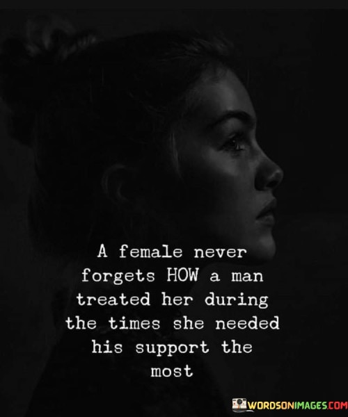 This quote sheds light on the lasting impact of a man's treatment towards a woman when she is in need of support. It suggests that a woman's memory holds on to how a man behaved towards her during her most vulnerable moments. The phrase "a female never forgets" implies that the impact of a man's actions or lack thereof leaves a lasting impression on a woman's psyche. It suggests that the way a man treats a woman when she is seeking support or going through challenging times has a profound effect on her perception of him and their relationship. The quote implies that these moments of vulnerability are critical in shaping a woman's memory and impression of a man's character. It suggests that a woman is keenly aware of how a man responds to her needs and the level of support he provides during such crucial times. The quote emphasizes the importance of empathy, understanding, and emotional support in relationships. It highlights that a woman's memory holds onto these instances, implying that how a man treats her during her most challenging moments can significantly impact the trust, respect, and emotional connection between them. It serves as a reminder that offering genuine support and care during times of need is essential for building and maintaining strong, meaningful relationships with women.