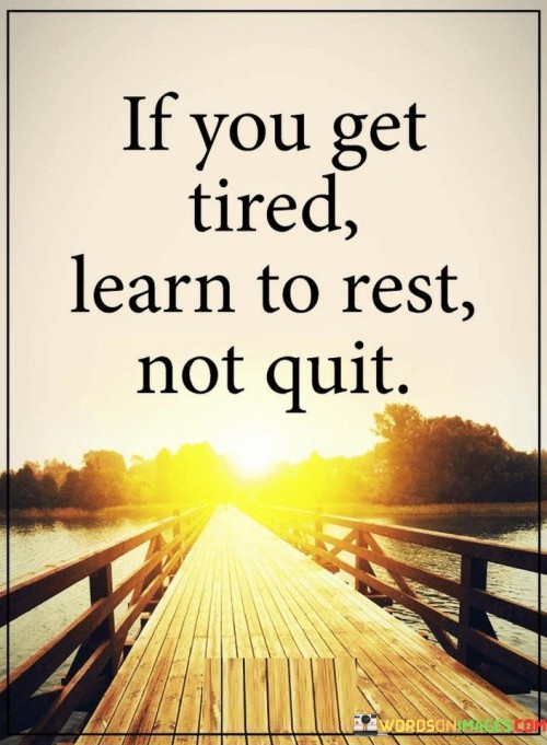 This quote emphasizes the importance of self-care and resilience in pursuing one's goals. It suggests that when faced with exhaustion or challenges, individuals should take a break to rejuvenate and regain their strength rather than giving up entirely. It encourages a balanced approach to achieving success, recognizing the value of rest along the journey.

The quote highlights the significance of perseverance and determination. It acknowledges that facing setbacks or feeling fatigued is a natural part of any journey, but it advises against giving up when faced with adversity. Instead, it promotes the idea of refueling one's energy through rest and then continuing with renewed vigor.

By advocating for rest instead of quitting, the quote reinforces the importance of maintaining mental and physical well-being while striving for one's goals. It encourages individuals to listen to their bodies and minds and to take breaks when needed, knowing that rest is not a sign of weakness but a necessary part of achieving long-term success. This quote serves as a motivational reminder to keep pushing forward, while also taking care of oneself along the way.