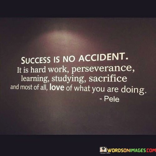 The quote emphasizes that success is not a coincidental outcome, but the result of deliberate actions and qualities such as hard work, perseverance, learning, sacrifice, and passion for one's pursuits. In the first paragraph, the quote introduces the concept that success is a deliberate process.

The second paragraph delves deeper into the quote's meaning. It implies that success is achieved through a combination of intentional effort, continuous learning, and dedication. The quote suggests that genuine commitment and enthusiasm for one's work are essential ingredients in the recipe for success.

In the third paragraph, the quote encapsulates its core message. It serves as a motivational reminder that success is built upon a foundation of diligent work, resilience, and a genuine love for what one does. By embracing qualities such as perseverance and passion, individuals can strive towards meaningful accomplishments. The quote encourages a perspective that recognizes the multifaceted nature of success and the importance of purposeful dedication.