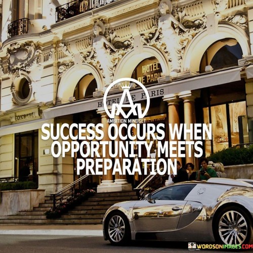 The quote states that success is the result of the convergence of opportunity and adequate preparation. It implies that being ready and seizing the right moments leads to achievement. In the first paragraph, the quote introduces the concept of the relationship between preparation and seizing opportunities.

The second paragraph delves deeper into the quote's meaning. It suggests that preparedness positions individuals to make the most of favorable circumstances, ultimately leading to success. The quote implies that success is not accidental but the outcome of proactive readiness.

In the third paragraph, the quote encapsulates its core message. It serves as a reminder of the importance of being well-prepared for potential opportunities. By cultivating skills, knowledge, and a proactive mindset, individuals can create the conditions for success to occur when the right moment arrives.