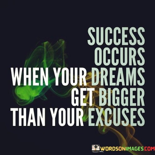 The quote suggests that success is achieved when the magnitude of one's dreams outweighs the excuses that hold them back. It implies that aspirations and determination triumph over self-limiting justifications. In the first paragraph, the quote introduces the concept of the relationship between dreams and excuses in the context of success.

The second paragraph delves deeper into the quote's meaning. It implies that when individuals prioritize their ambitions over the reasons that might hinder them, they pave the way for success. The quote suggests that adopting a mindset that values dreams can propel individuals forward.