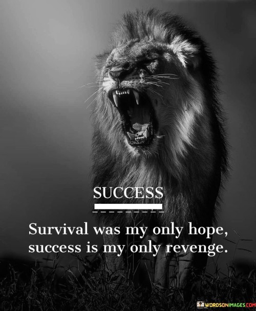 The statement reflects a perspective where achieving success and survival serve as a means of hope and revenge. It implies that triumphing over challenges is a form of personal victory. In the first paragraph, the statement introduces the concept of survival and success as sources of hope.

The second paragraph delves deeper into the statement's meaning. It suggests that in the face of adversity, both survival and success can provide a sense of vindication and empowerment. The statement implies that overcoming obstacles can be a form of retribution against those who doubted or wronged.

In the third paragraph, the statement encapsulates its core message. It serves as a reminder of the transformative power of resilience and achievement. By using survival and success as sources of motivation and as ways to overcome challenges, individuals can rise above difficulties and find personal satisfaction. The statement encourages a perspective that values the potential for personal growth and empowerment through survival and success.