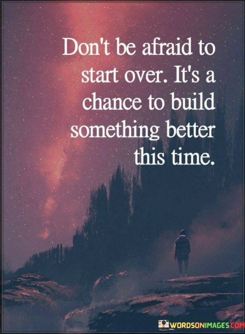 This encouragement highlights the potential in new beginnings. "Don't Be Afraid To Start Over" signifies courage to embrace change. "It's A Chance To Build Something Better This Time" emphasizes the opportunity for improvement.

The encouragement promotes growth and resilience. "Don't Be Afraid To Start Over" implies letting go of the past. "It's A Chance To Build Something Better This Time" invites individuals to create a brighter future.

In essence, the encouragement captures the essence of transformation and renewal. "Don't Be Afraid To Start Over. It's A Chance To Build Something Better This Time" inspires individuals to see starting anew as a positive step toward a more fulfilling and improved life.