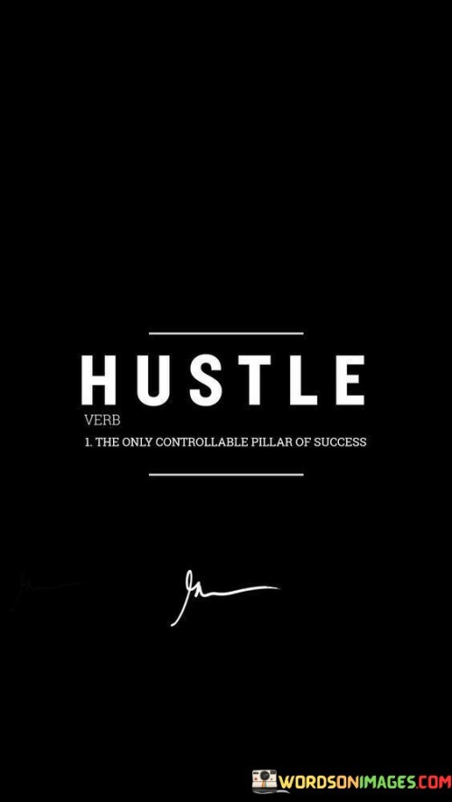 The phrase "Hustle: The Only Controllable Of Success" emphasizes the pivotal role of diligent effort in achieving success. It suggests that while many factors influencing success might be beyond control, one's level of hustle—referring to hard work, dedication, and relentless determination—is a factor that can be actively managed.

The statement underscores that individuals can't always control external circumstances, but they can control their work ethic and the energy they invest in their pursuits. By focusing on their hustle, individuals can increase their chances of reaching their goals and realizing their ambitions.

In essence, the phrase encourages individuals to channel their energy into what they can influence: their own commitment and perseverance. It highlights the transformative impact of determined effort, suggesting that a strong work ethic is the driving force that propels individuals towards success, regardless of external variables.