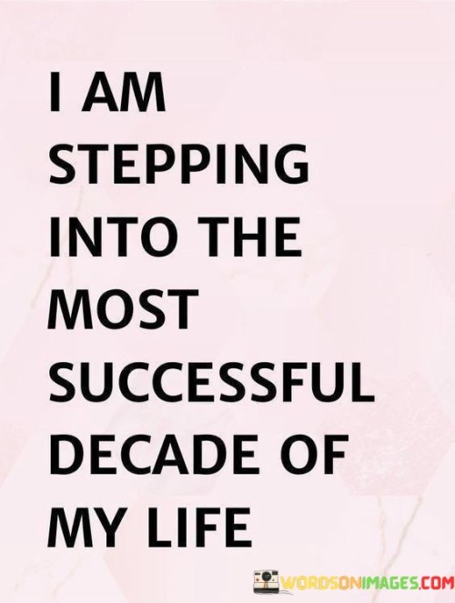 The declaration "I Am Stepping Into The Most Successful Decade Of My Life" exudes confidence and optimism about the future. It signifies a strong belief in personal growth, achievement, and positive experiences in the upcoming ten years.

The statement reflects a proactive and forward-looking mindset. It indicates a readiness to embrace opportunities, overcome challenges, and make the most of the years ahead. The use of the word "successful" underscores the expectation of achieving meaningful goals.

In essence, the declaration sets a powerful intention for the next decade. It embodies a sense of empowerment and determination to make the coming years transformative and impactful. This positive affirmation can serve as a source of motivation and a reminder to pursue excellence and fulfillment in various aspects of life.