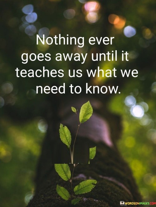 The statement "Nothing Ever Goes Away Until It Teaches Us What We Need To Know" highlights the idea that challenges and experiences persist until we derive meaningful lessons from them. It suggests that difficulties continue to recur until we gain the insights necessary for growth and understanding.

The statement reflects the concept that life's lessons are often repeated until fully grasped. It implies that by embracing the opportunities for learning presented by challenges, individuals can navigate their way toward personal development and success.

In essence, the statement promotes a mindset of continuous learning and self-awareness. It encourages individuals to approach challenges with an open mind, seeking the wisdom they offer. By recognizing the value in every experience and using setbacks as opportunities for growth, individuals can transform obstacles into stepping stones on their journey to success.