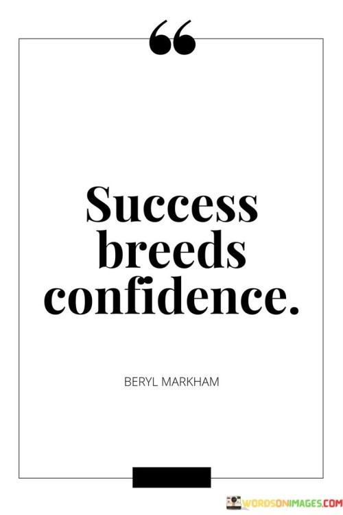 The statement "Success Breeds Confidence" succinctly captures the reciprocal relationship between achieving success and developing self-assurance. It suggests that accomplishments contribute to a growing sense of confidence and belief in one's abilities.

The statement reflects the concept that achieving goals and overcoming challenges can bolster an individual's self-esteem and belief in their competence. It implies that experiencing success provides tangible evidence of one's capabilities.

In essence, the statement promotes a mindset of empowerment and self-belief. It encourages individuals to recognize that each achievement contributes to their overall sense of confidence. By acknowledging their successes, individuals can amplify their self-assurance and approach new endeavors with a positive attitude, thus fueling a cycle of continued accomplishment and self-growth.