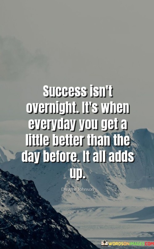 The statement "Success Isn't Overnight; It's When Every Day You Get a Little Better Than the Day Before. It All Adds Up" underscores the idea that meaningful achievements result from consistent daily progress and incremental improvements.

The statement reflects the concept that success is not a sudden occurrence but rather a result of continuous efforts and growth over time. It implies that by consistently striving to improve and build upon previous accomplishments, individuals can create a foundation for lasting success.

In essence, the statement promotes a mindset of dedication and perseverance. It encourages individuals to focus on their daily actions and recognize that each step taken towards improvement contributes to their overall journey towards success. By embracing the process of gradual advancement, individuals can make substantial strides in their pursuits and ultimately attain the success they seek.