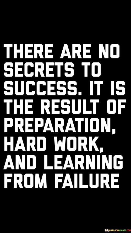 The statement "There Are No Secrets to Success: It Is the Result of Preparation, Hard Work, and Learning from Failure" underscores the straightforward and grounded nature of achieving success.

The statement reflects the concept that success is not shrouded in mystery but rather comes from a combination of factors. It implies that diligent preparation, dedicated effort, and the ability to glean lessons from failure contribute to achieving one's goals.

In essence, the statement promotes a mindset of practicality and resilience. It encourages individuals to focus on the fundamentals of preparation and hard work, while also embracing failure as an opportunity for growth. By internalizing these principles, individuals can lay the groundwork for success and navigate their journey with the resilience needed to overcome challenges.