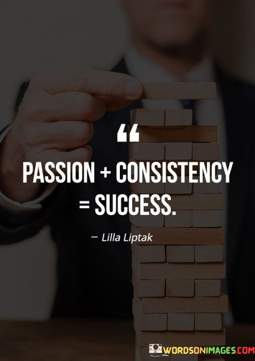 The quote "Passion + Consistency = Success" underscores the fundamental formula for achieving one's goals. In the first paragraph, it highlights the significance of passion—the driving force that fuels unwavering dedication and enthusiasm toward a chosen endeavor.

The second paragraph emphasizes the role of consistency. The equation suggests that consistently putting in effort, even during challenging times, is a crucial factor in turning passion into tangible achievements. This approach entails maintaining a steady commitment and continually pushing forward.

The final segment showcases the synergy between passion and consistency. By combining the genuine excitement for a pursuit with the discipline to work persistently, individuals can create a powerful trajectory toward success. This quote serves as a reminder that a harmonious blend of passion and unwavering effort is the key to realizing one's aspirations.