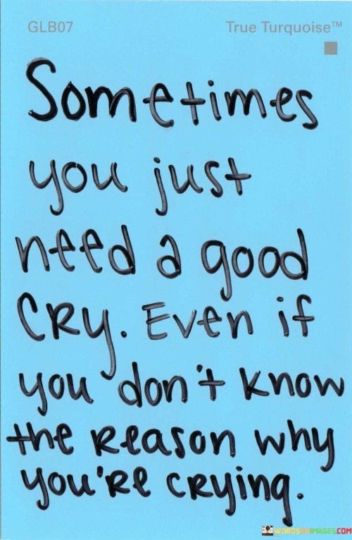 The quote acknowledges the therapeutic value of tears. "Sometimes you just need a good cry" implies emotional release. "Don't know the reason why you're crying" reflects the mystery of underlying emotions. The quote conveys the cathartic effect of shedding tears.

The quote underscores the complexity of human emotions. It highlights the healing power of tears even in the absence of clear triggers. "Good cry" emphasizes the emotional purging that can provide relief, offering a way to process feelings.

In essence, the quote speaks to the emotional release through tears. It emphasizes that sometimes emotions surpass logical explanations. The quote captures the natural and beneficial aspect of crying as a way to alleviate emotional tension and find solace.