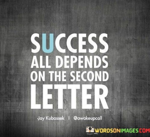 The phrase "Success All Depends On The Second Letter" playfully highlights the role of mindset and perspective in achieving one's goals. In this context, the first paragraph suggests that the initial part of the word "success" is symbolic of the starting point in the journey to achieve success.

The second paragraph delves into the significance of the "second letter." Here, the metaphorical interpretation implies that the attitude, determination, and choices made after the initial steps are crucial for determining the outcome of one's pursuit.

The final segment underscores the idea that success hinges on continuous effort and adaptability. By acknowledging that personal agency and approach are pivotal, individuals can better appreciate the importance of a positive and persistent mindset. This phrase serves as a reminder that the path to success is shaped not only by external factors but also by one's own choices and actions.