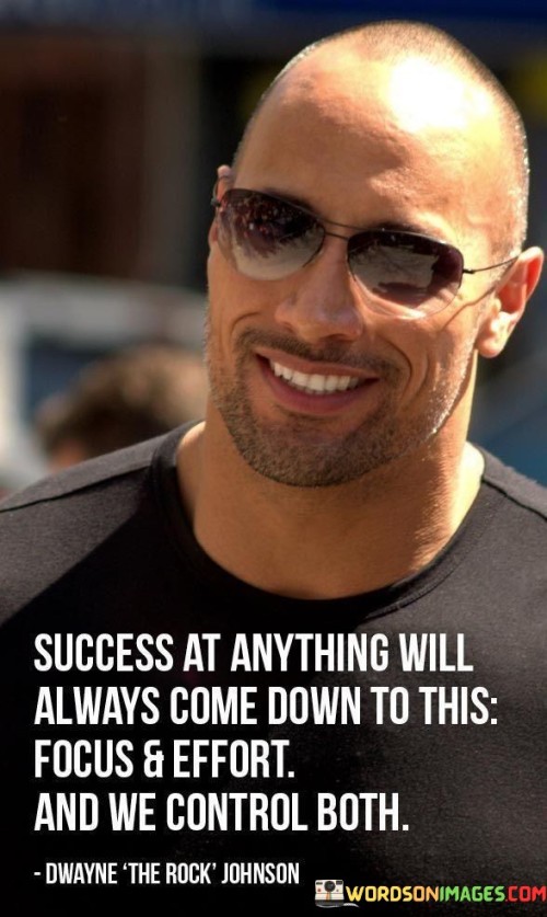 The statement "Success at anything will always come down to this: Focus and effort, and we control both" succinctly captures the essence of achieving success through deliberate attention and hard work. In this context, the first paragraph emphasizes the core factors that consistently underpin accomplishments.

The second paragraph delves into the significance of focus and effort. It highlights that by channeling focused attention and unwavering effort into a pursuit, individuals increase their chances of realizing their goals. This approach acknowledges the controllable aspects that contribute to success.

The final segment underscores the empowering aspect of personal agency. By recognizing that focus and effort are within our control, individuals are inspired to take charge of their journey and invest wholeheartedly in their aspirations. This statement serves as a reminder that success is within reach when one directs their attention and determination toward their chosen path.