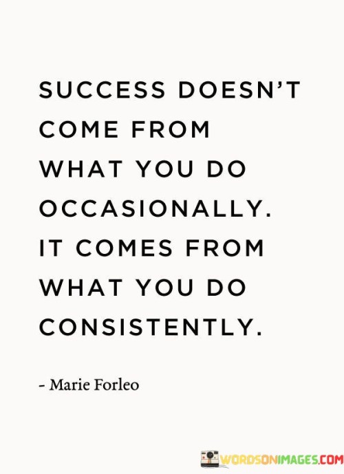 The assertion "Success doesn't come from what you do occasionally, it comes from what you do consistently" succinctly conveys the importance of sustained effort in achieving meaningful accomplishments. In this context, the first paragraph emphasizes that sporadic actions alone are insufficient to yield substantial success.

The second paragraph delves into the significance of consistency. It suggests that by repeatedly engaging in purposeful actions, individuals build a foundation for achievement. This approach acknowledges that steady and committed effort over time is a key ingredient for attaining desired outcomes.

The final segment underscores the idea that success is a product of habitual dedication. By recognizing the transformative potential of consistent actions, individuals are encouraged to establish positive routines and work persistently toward their goals. This statement serves as a reminder that enduring commitment is integral to realizing meaningful success.