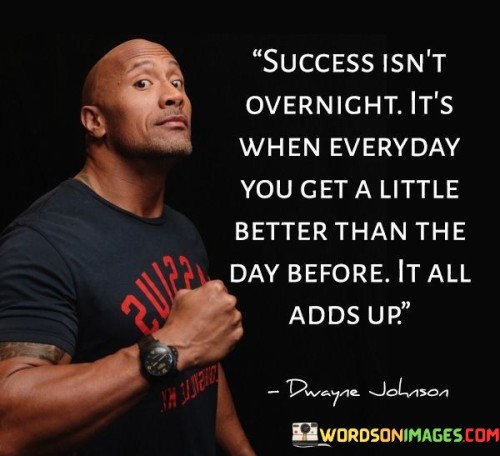 The phrase "Success isn't overnight, it's when every day you get a little better than the day before. It all adds up" encapsulates the gradual and continuous nature of achieving meaningful accomplishments. In this context, the first paragraph underscores that genuine success is not a sudden event but rather a result of consistent progress.

The second paragraph delves into the concept of incremental improvement. It suggests that by focusing on small daily advancements, individuals accumulate significant growth over time. This approach acknowledges that even seemingly minor efforts contribute to a larger, meaningful outcome.

The final segment underscores the significance of persistent effort. By understanding that consistent daily improvements compound into remarkable achievements, individuals are motivated to prioritize continuous growth and learning. This phrase serves as a reminder that success is built upon steady and persistent dedication, with each day contributing to the overall progress.