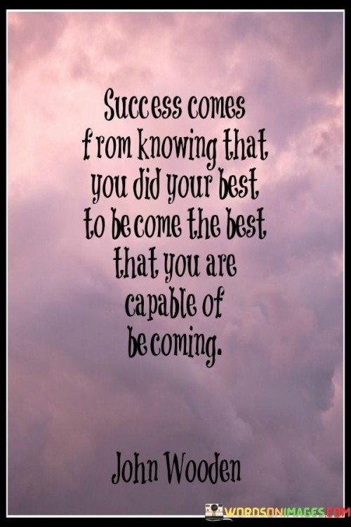 The statement "Success comes from knowing that you did your best to become the best that you are capable of becoming" encapsulates the idea that fulfillment arises from personal growth and effort. In this context, the first paragraph underscores the satisfaction that comes from striving for one's potential.

The second paragraph delves into the concept of self-improvement. It suggests that aiming to be the best version of oneself is a key aspect of achieving success. This approach acknowledges that genuine accomplishment comes from within and is not solely reliant on external validation.

The final segment underscores the importance of personal effort. By recognizing that success is rooted in self-motivation and continuous development, individuals are inspired to focus on their own growth journey. This statement serves as a reminder that the journey toward success is about realizing personal potential and taking pride in the effort put forth.