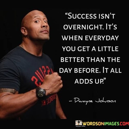 The phrase "Success isn't overnight. It's when every day you get a little better than the day before. It all adds up" succinctly captures the gradual and cumulative nature of achieving meaningful accomplishments. In this context, the first paragraph emphasizes that genuine success is a result of consistent improvement over time.

The second paragraph delves into the concept of incremental progress. It suggests that by focusing on continuous growth and development, individuals accumulate substantial advancement. This approach acknowledges that small steps forward contribute to significant overall change.

The final segment underscores the value of persistent effort. By recognizing that success is built upon daily commitment to improvement, individuals are encouraged to embrace continuous learning and self-enhancement. This phrase serves as a reminder that genuine success emerges from ongoing, dedicated progress.