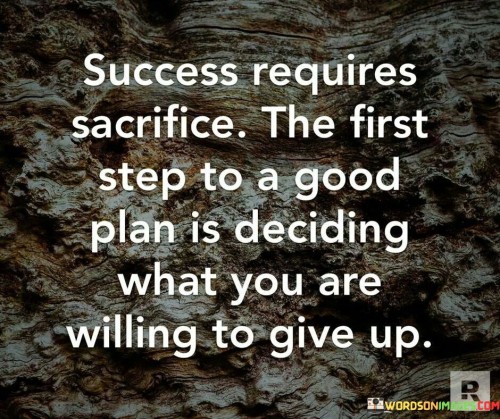 The statement "Success requires sacrifice. The first step to a good plan is deciding what you are willing to give up" succinctly conveys the idea that achievement often demands letting go of certain things. In this context, the first paragraph emphasizes that meaningful success involves trade-offs.

The second paragraph delves into the concept of strategic planning. It suggests that identifying what one is willing to relinquish is a crucial starting point in crafting an effective path toward success. This approach acknowledges the importance of prioritization and making conscious choices.

The final segment underscores the necessity of commitment. By recognizing that success requires making difficult decisions and embracing sacrifice, individuals are empowered to shape their journey with purpose and determination. This statement serves as a reminder that strategic sacrifice is integral to reaching one's goals.