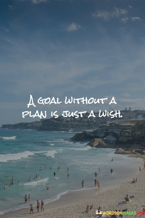 The quote "A goal without a plan is just a wish" underscores the importance of strategic planning and action in achieving our aspirations. It suggests that simply setting a goal without a well-thought-out plan and a clear path to follow is akin to merely wishing for something to happen, rather than actively working towards its realization. Goals serve as the driving force behind our ambitions and dreams. They give us direction and purpose, providing a vision of what we want to achieve. However, a goal alone is insufficient to bring about tangible results. Without a well-defined plan, it remains a distant and intangible desire. A plan is a roadmap that outlines the necessary steps and actions required to reach our goals. It involves breaking down the larger objective into smaller, manageable tasks and setting specific timelines for their completion. By creating a structured plan, we gain clarity on the actions needed to move closer to our goals. Moreover, a plan serves as a means of accountability. It helps us track our progress and evaluate whether we are on course to achieving our objectives. Having a plan allows us to measure our successes and identify areas that may need adjustment or improvement.