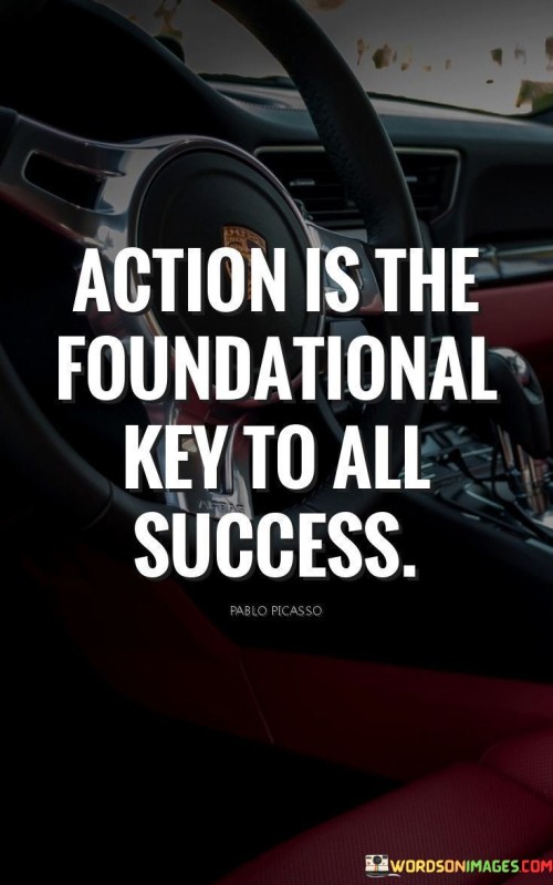 The statement "Action is the foundational key to all success" succinctly conveys the fundamental principle that taking proactive steps is essential for achieving meaningful accomplishments. In this context, the first paragraph underscores that progress and achievement are rooted in decisive actions.

The second paragraph delves into the concept of action as a catalyst. It suggests that plans and goals remain dormant without actual implementation. This approach acknowledges that translating intentions into concrete steps is the driving force behind success.

The final segment underscores the importance of initiative and effort. By recognizing that success is a result of taking action rather than merely wishing for outcomes, individuals are motivated to proactively pursue their aspirations. This statement serves as a reminder that action is the cornerstone of progress and achievement.