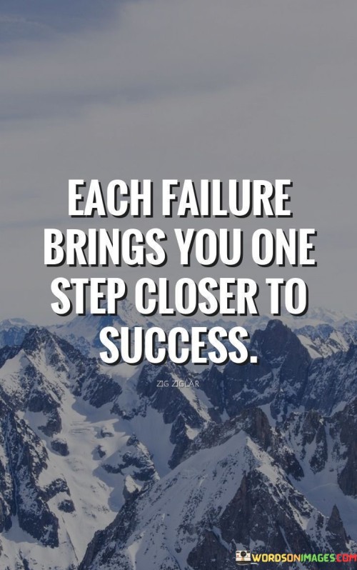 The phrase "Each failure brings you one step closer to success" encapsulates the idea that setbacks are integral to progress. In this context, the statement emphasizes that every failed attempt contributes to eventual achievement.

This phrase underscores the transformative nature of failure. It suggests that each experience of falling short provides valuable lessons and insights that guide individuals towards better strategies and eventual success.

Ultimately, the quote serves as a reminder to approach failure with resilience and a growth mindset. By acknowledging its role in the journey and embracing the opportunities for learning it presents, individuals can navigate challenges with determination and ultimately reach their goals.