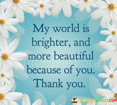 "My World Is Brighter and More Beautiful Because of You. Thank You" expresses gratitude for someone's positive influence. In the first paragraph, the quote acknowledges the impact of the person on one's life. It highlights their role in bringing brightness and beauty.

The second paragraph reflects on the quote's significance. Expressing gratitude for someone's presence fosters a deeper connection. It encourages individuals to recognize and appreciate the positive changes they bring.

The final paragraph underscores the universal relevance of the quote. It resonates with anyone valuing the positive impact of others. By acknowledging the contribution of someone who enhances one's world, individuals nurture appreciation, strengthen relationships, and create a culture of gratitude and positivity.