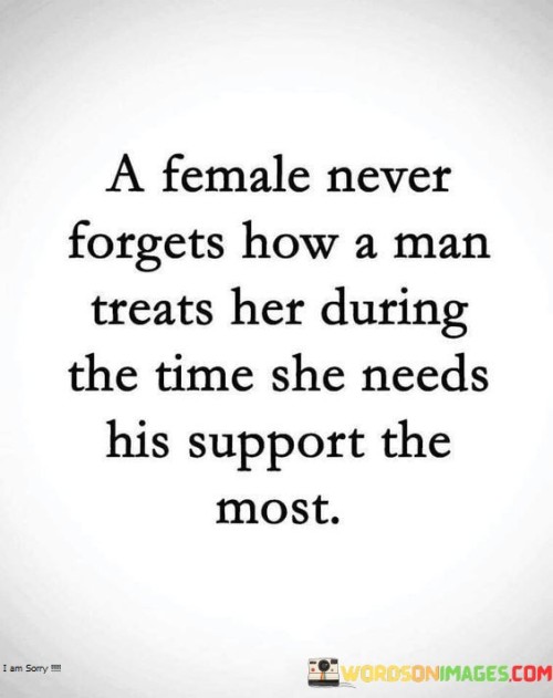 The quote "A female never forgets how a man treats her during the time she needs his support the most" highlights the lasting impact of a man's actions and support during a woman's vulnerable moments. It emphasizes that a woman remembers and internalizes how she is treated by a man when she is in need of his support and understanding. The quote underscores the significance of empathy, compassion, and being present for a woman during her most challenging times, as it shapes her perception of the relationship and leaves a lasting impression on her emotional well-being.The phrase "A female never forgets" suggests that a woman holds a deep emotional memory of how she is treated by a man. This implies that the actions and support provided, or lack thereof, during her moments of vulnerability are etched into her memory. It highlights the importance of these critical moments in shaping her perception of the man and their relationship.The quote emphasizes that a woman pays particular attention to how a man treats her when she needs his support the most. It suggests that during challenging times, such as moments of emotional distress, illness, loss, or personal struggles, a woman relies on the support and understanding of her partner. It is during these vulnerable moments that a woman's need for empathy, compassion, and genuine care is heightened.Furthermore, the quote implies that the way a man responds and provides support during these crucial moments profoundly impacts a woman. It underscores the significance of being present, listening, and offering genuine support and understanding. A man's ability to empathize and be there for a woman when she needs him the most strengthens the bond between them and deepens her trust and emotional connection.In essence, the quote highlights the lasting impression left on a woman when a man supports her during her most challenging times. It stresses the importance of being attentive, empathetic, and present for a woman when she needs it the most. The quote underscores that a woman's memory of how she is treated during her moments of vulnerability shapes her perception of the relationship and influences her emotional well-being. It serves as a reminder of the significance of empathy, compassion, and genuine support in fostering a strong and nurturing partnership.