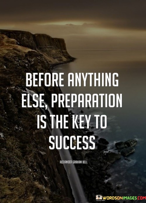 The phrase "Before anything else, preparation is the key to success" succinctly conveys the essential role of thorough preparation in achieving success.

This phrase underscores the significance of planning and readiness. It suggests that careful preparation lays the foundation for effective execution and positive outcomes.

The quote serves as a reminder of the importance of foresight and diligence. By emphasizing the value of being well-prepared, individuals are encouraged to invest time and effort in planning and organizing their endeavors, understanding that this proactive approach significantly contributes to their journey toward success.