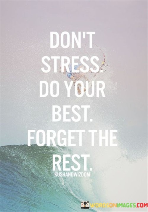 This quote offers a straightforward and uplifting message. It advises against getting overwhelmed by stress and instead advocates for giving your best effort while disregarding the unnecessary concerns about the outcome. In essence, it encourages a focus on the process rather than worrying about the results.

The first part of the quote, "Don't Stress," reminds us to avoid unnecessary anxiety and tension. Stress can hinder our performance and well-being, so it suggests that it's better to stay calm and composed.

The second part, "Do Your Best," emphasizes the importance of putting in your utmost effort. It encourages us to give our all in whatever we do, knowing that we've done our part.

The final part, "Forget The Rest," tells us to let go of excessive concerns about the future or things beyond our control. It reminds us that by concentrating on our present efforts and doing our best, we can find satisfaction and peace, regardless of the final outcome. In summary, this quote promotes a balanced and positive approach to life's challenges, where we focus on giving our best and letting go of unnecessary stress and worry.