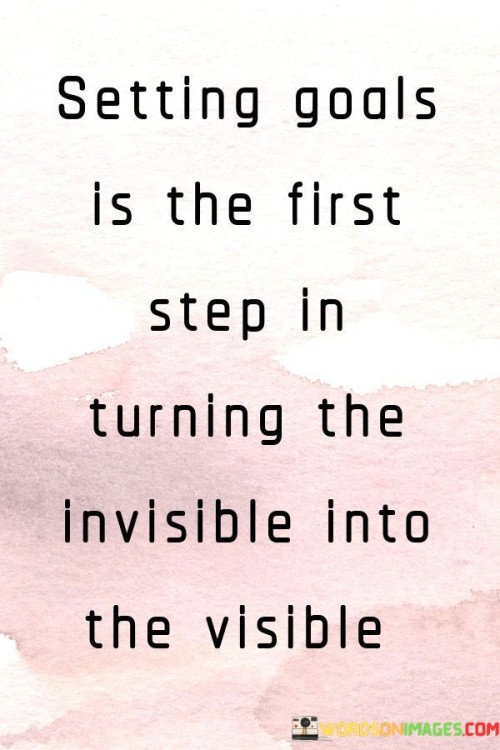 Certainly! The quote you provided underscores the importance of setting goals as a foundational step in manifesting your aspirations:

"Initiating goals marks the initial stride towards materializing the unseen into the tangible realm."

This quote emphasizes that articulating your objectives sets the groundwork for bringing abstract dreams and visions into concrete reality. By defining your goals, you create a clear path to transform your aspirations from intangible concepts into visible and achievable outcomes.