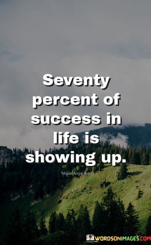 Certainly! The quote you provided highlights the significance of taking action and being present as a critical factor in achieving success:

"Seventy percent of life's triumphs stem from the simple act of being present and taking action."

This quote underscores that a significant portion of accomplishments in life result from the essential step of showing up and engaging actively. By participating and putting in the effort, individuals increase their chances of experiencing favorable outcomes and realizing their goals.