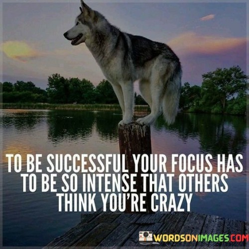 The quote "To be successful, your focus has to be so intense that others think you're crazy" suggests that achieving success requires an exceptional level of dedication and concentration. It implies that the intensity of one's efforts might appear extraordinary to those who witness it.

This quote underscores the commitment and determination needed for success. It implies that a relentless focus, even to the point of being perceived as unconventional, is a hallmark of those who attain remarkable achievements.

In conclusion, the quote highlights the correlation between extraordinary focus and significant success. By maintaining an unwavering dedication and channeling efforts into goals, individuals not only demonstrate their commitment but also set themselves apart on the path to achieving their aspirations.