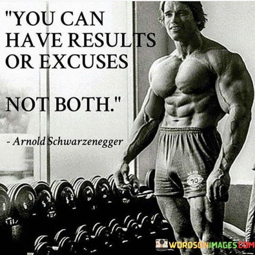 The quote "You can have results or excuses, not both" delivers a powerful message about personal responsibility and the choices we make in life. At its core, the quote emphasizes the fundamental principle of cause and effect. It implies that every action we take, or fail to take, leads to either tangible results or a list of excuses to justify the lack of progress. It serves as a stark reminder that success and achievement are the outcomes of taking responsibility for our actions and making the necessary efforts to reach our goals. The quote challenges individuals to confront their own accountability and recognize that making excuses hinders progress. When we make excuses, we shift blame onto external factors, circumstances, or other people, preventing us from taking ownership of our actions. On the other hand, when we focus on producing results, we embrace the challenges and work diligently to overcome obstacles. Moreover, the quote also reflects the idea of prioritization and the necessity to make conscious choices. It suggests that we cannot simultaneously engage in excuse-making and expect to see significant results. The two concepts are incompatible and mutually exclusive. Therefore, to achieve success, we must be willing to let go of the habit of making excuses and commit to taking meaningful actions that lead to positive outcomes. Furthermore, the quote underscores the importance of adopting a growth mindset. Embracing a growth mindset means acknowledging that setbacks and failures are opportunities for learning and improvement. Instead of making excuses for these setbacks, winners view them as stepping stones toward success and adjust their approach accordingly. In conclusion, the quote "You can have results or excuses, not both" encapsulates the essence of personal responsibility and the power of choices in shaping our lives. It reminds us that we hold the key to our success and that progress is the result of taking ownership of our actions and decisions. By choosing to focus on producing results rather than making excuses, we pave the way for achievement and personal growth. The quote serves as a powerful motivator to let go of self-limiting excuses and embrace a mindset of determination, resilience, and commitment to reaching our goals.