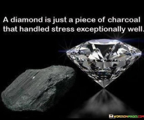This profound quote draws a captivating analogy between a diamond and charcoal, using their contrasting appearances to convey a powerful message about resilience and transformation. It suggests that a diamond, with its brilliant and valuable appearance, was once a simple piece of charcoal, but through a process of enduring immense stress and pressure, it transformed into something extraordinary. This metaphor serves as a poignant reminder that challenges and hardships in life can lead to remarkable growth and brilliance, highlighting the potential for greatness that lies within every individual. By embracing stress and difficulties with strength and adaptability, one can undergo a similar metamorphosis, transforming into a resilient and remarkable being, just like a diamond.The quote's comparison of a diamond to a piece of charcoal emphasizes the transformative power of resilience. Charcoal, a seemingly ordinary and unremarkable material, contrasts sharply with the brilliance and value associated with diamonds. However, it is through enduring the extreme pressures and heat deep within the Earth that charcoal undergoes a metamorphic process to become a dazzling diamond.This analogy serves as a metaphor for the human experience, reminding us that life's challenges and stresses are like the intense pressures that shape a diamond. It encourages individuals to embrace adversity as an opportunity for growth and transformation. Like a diamond, the quote suggests that individuals can emerge from their struggles with newfound brilliance, strength, and value.Moreover, the quote conveys the idea that greatness is not always inherent or obvious, but rather, it can emerge from the way one handles life's difficulties. The process of handling stress exceptionally well is what sets individuals apart and allows them to shine brilliantly amidst adversity. This perspective reframes stress and challenges as opportunities for personal development and empowerment, inspiring individuals to face difficult situations with courage and resilience.The quote also celebrates the resilience and beauty that can be found within each person. Like a diamond's potential, we all possess inner strength and the capacity to transform, adapting to life's challenges and emerging with newfound brilliance. It reinforces the idea that greatness is not reserved for a select few but can be cultivated and achieved by anyone willing to navigate life's pressures with grace and determination.In conclusion, this evocative quote uses the transformation of charcoal into a diamond to illustrate the power of resilience and adaptation in the face of stress. It encourages individuals to embrace life's challenges as opportunities for growth and personal development. By handling stress exceptionally well, one can emerge from difficult circumstances like a brilliant diamond, shining with strength and beauty. This quote serves as a reminder that greatness lies within each person and can be realized through perseverance and resilience. Just like a diamond, we have the potential to transform challenges into opportunities for brilliance and greatness.