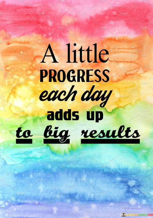 The quote "A little progress each day adds up to big results" underscores the concept that consistent, small steps taken over time lead to significant achievements. It suggests that gradual advancement, even if seemingly minor, culminates in substantial outcomes.

This quote highlights the power of consistency and persistence. It implies that breaking down larger goals into manageable tasks and consistently working on them yields substantial progress.

In conclusion, the quote emphasizes the impact of continuous effort. By focusing on making incremental improvements daily, individuals accumulate progress that ultimately transforms into substantial accomplishments, reinforcing the principle that steady and consistent actions lead to remarkable results.