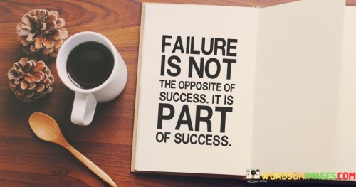 The quote "Failure is not the opposite of success; it is part of success" challenges the traditional perspective on failure. It suggests that setbacks and failures are not contradictory to success but rather integral components that contribute to the journey of achieving success.

This quote underscores the transformative nature of failure. It implies that setbacks offer valuable lessons, insights, and opportunities for growth that pave the way for ultimate success.

In conclusion, the quote highlights the intertwined relationship between failure and success. By reframing failure as a stepping stone rather than an obstacle, individuals can approach challenges with resilience and open-mindedness, acknowledging that failures are stepping stones on the path to realizing their aspirations.