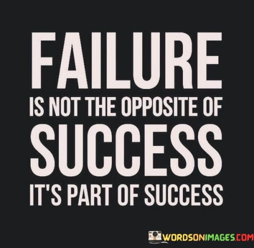 The quote "Failure is not the opposite of success; it's part of success" challenges conventional perceptions by highlighting that failures and success are intertwined. It suggests that setbacks are not contradictory to achievements but instead an integral and instructive component of the journey toward success.

This quote underscores the transformative role of failure. It implies that each failure holds lessons, fostering growth, resilience, and ultimately leading to better outcomes.

In conclusion, the quote encourages a holistic perspective on success. By recognizing that failures contribute to the fabric of achievement, individuals can approach challenges with tenacity and optimism, realizing that failures are integral chapters in their narrative of progress and accomplishment.