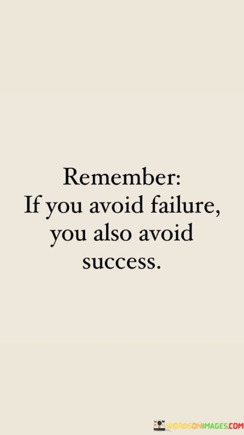 The statement "Remember, if you avoid failure, you avoid success" highlights the interconnected nature of failure and success. It suggests that shying away from failures can hinder opportunities for growth and accomplishment.

This statement underscores the importance of learning from failures. It implies that setbacks provide valuable lessons and contribute to personal and professional development.

In conclusion, the statement emphasizes the symbiotic relationship between failure and success. By recognizing that failures are stepping stones toward success, individuals can approach challenges with a proactive attitude, embracing setbacks as integral parts of their journey toward achieving their goals.